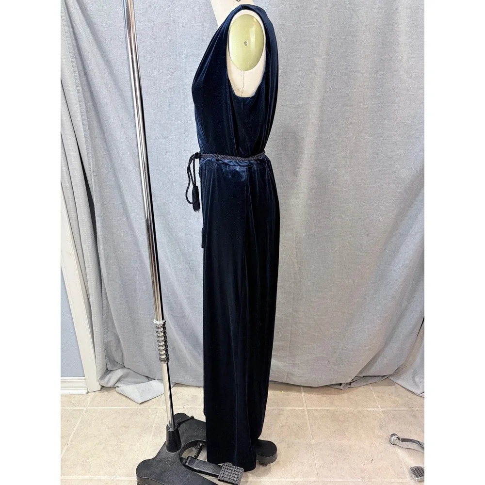 Eliza J Navy Velvet Wide Leg Formal‎ Jumpsuit Tassel Belt Size 12